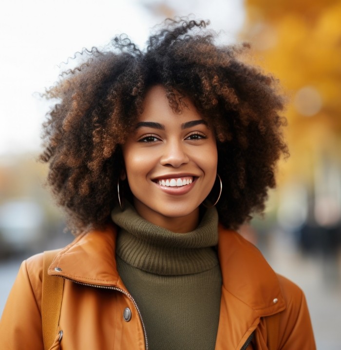 Woman in dark orange leather jacket smiling outdoors